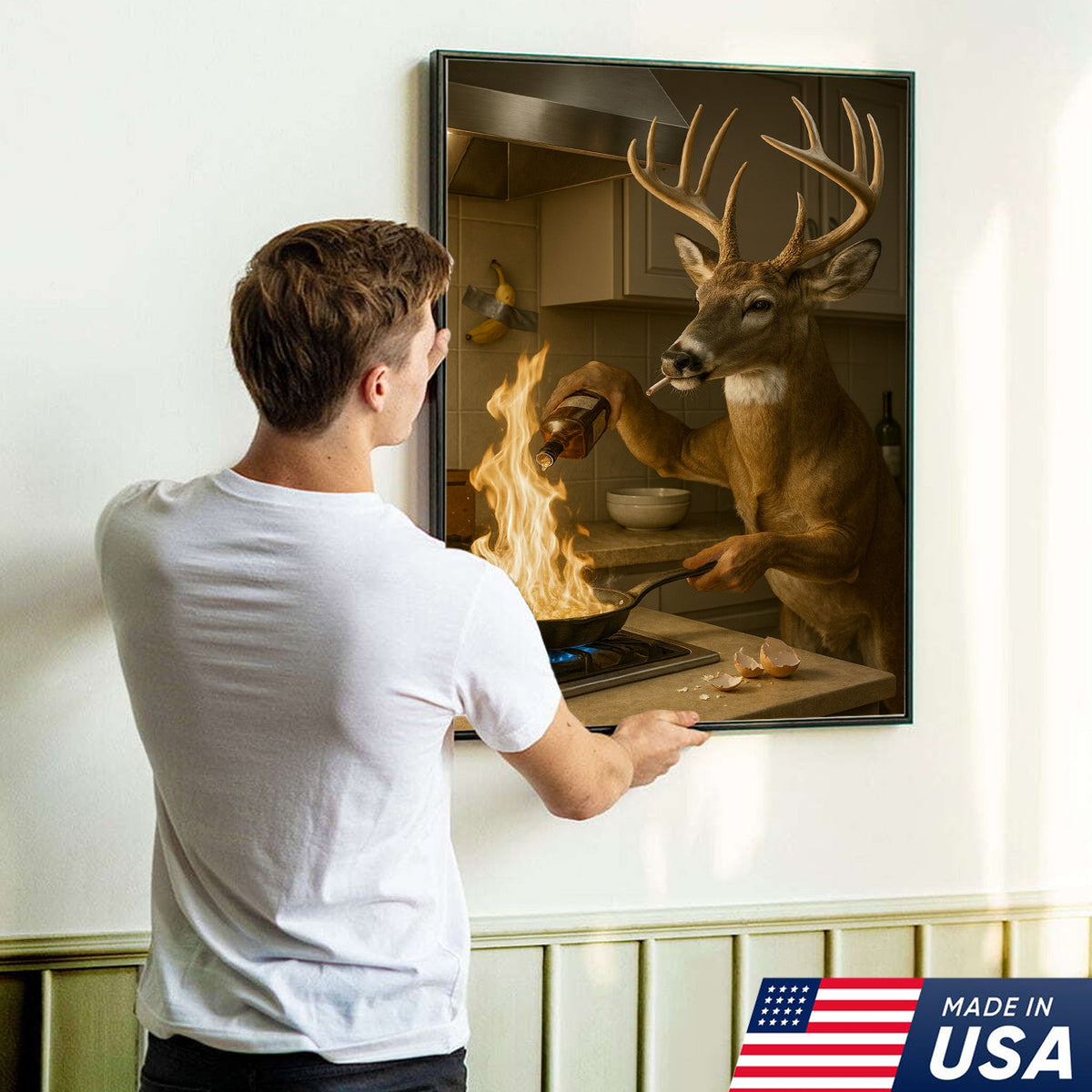Funny Deer Cooking Canvas, Hilarious Buck Chef Wall Art, Rustic Humor Decor for Cabin
