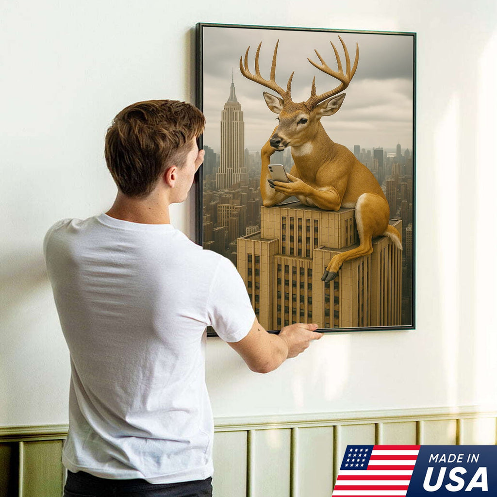 Funny Deer City Canvas Wall Art — Whitetail Buck on Skyscraper Using Phone, Surreal Urban Wildlife Artwork