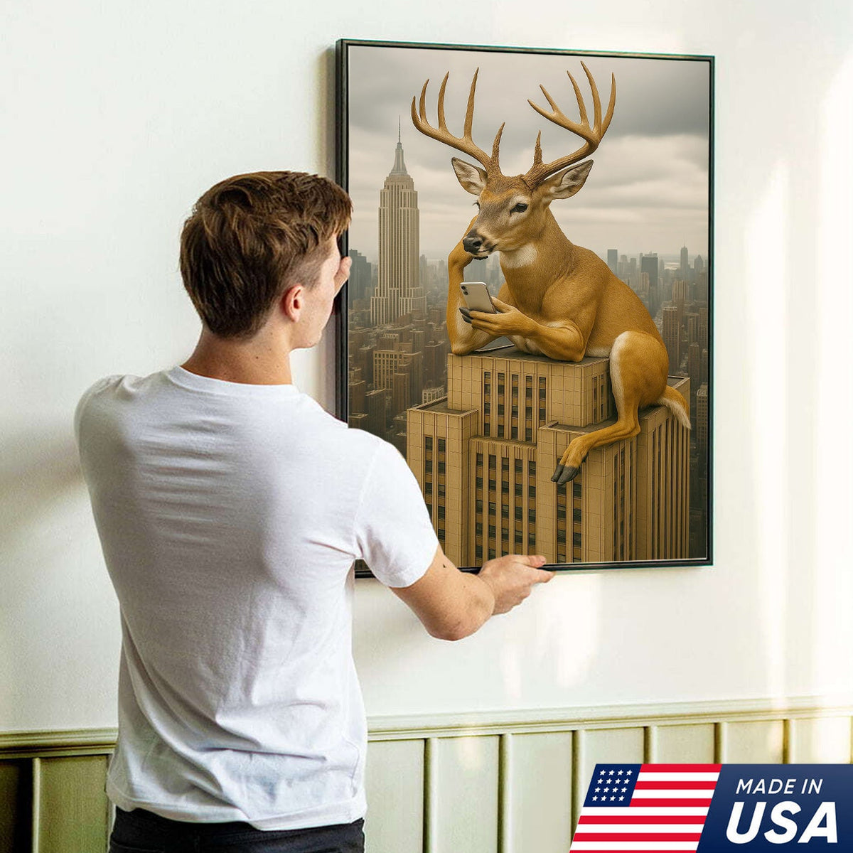 Funny Deer City Canvas Wall Art — Whitetail Buck on Skyscraper Using Phone, Surreal Urban Wildlife Artwork