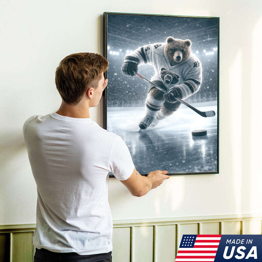 Epic Bear Ice Hockey Canvas Wall Art – Realistic Animal Athlete Print