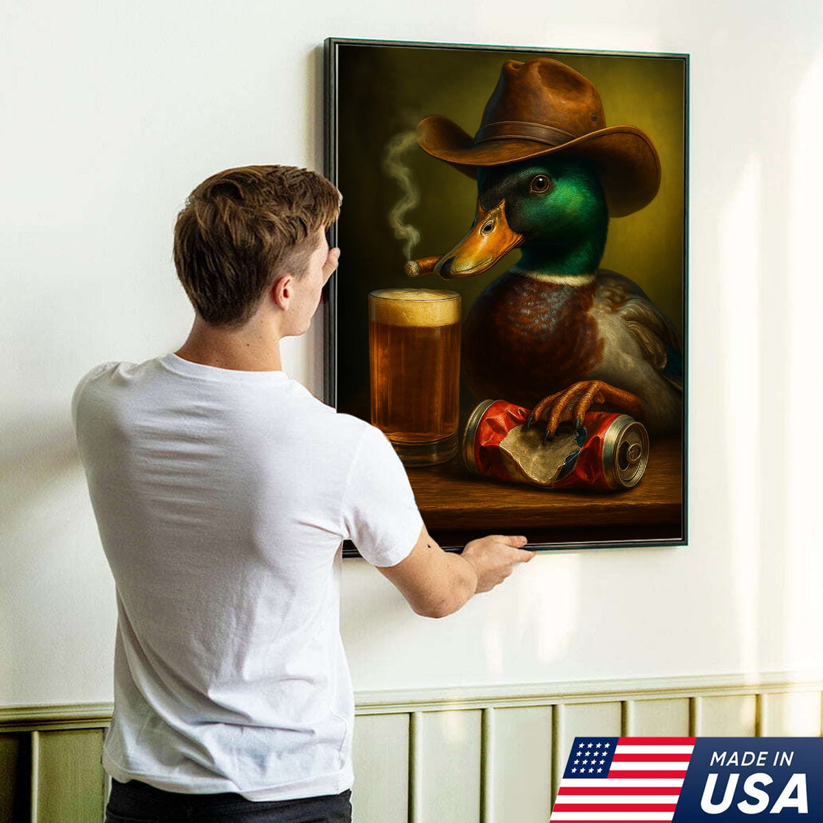Duck Cowboy Canvas Wall Art – Funny Rustic Beer Decor for Waterfowl Hunters & Cabins