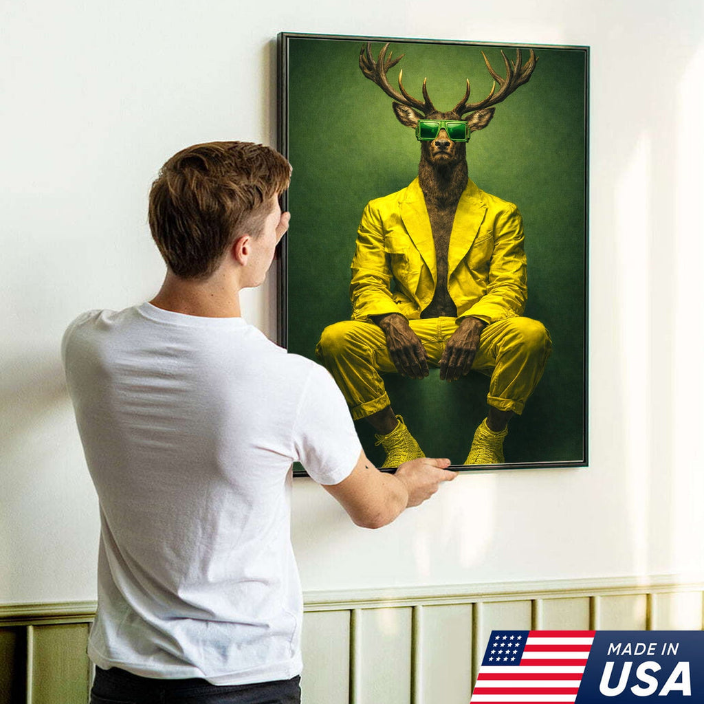 Cool Deer Canvas Wall Art Stylish Animal Portrait Green Suit Modern Decor