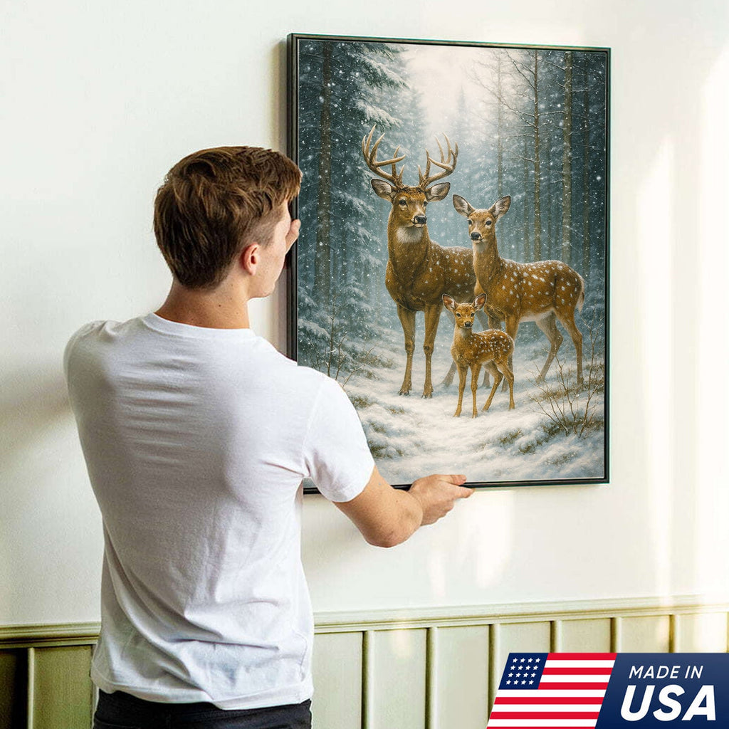 Deer Family Winter Forest Wall Art Canvas – Christmas Wildlife Gift for Nature Lovers & Cabin Homes