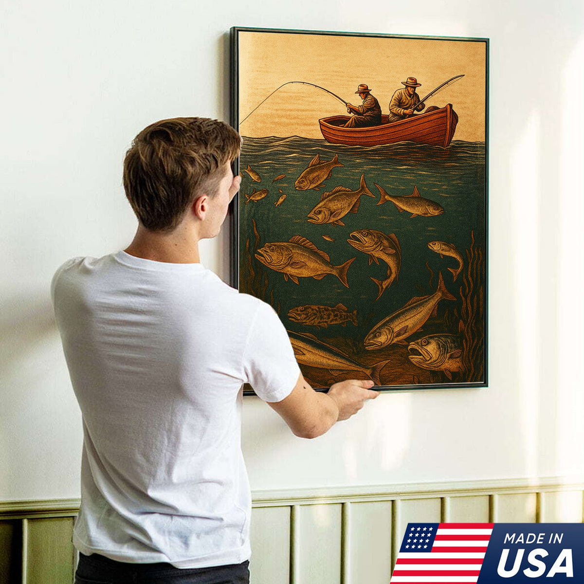 Vintage Fishermen Woodcut Wall Art – Retro Fishing Canvas Print