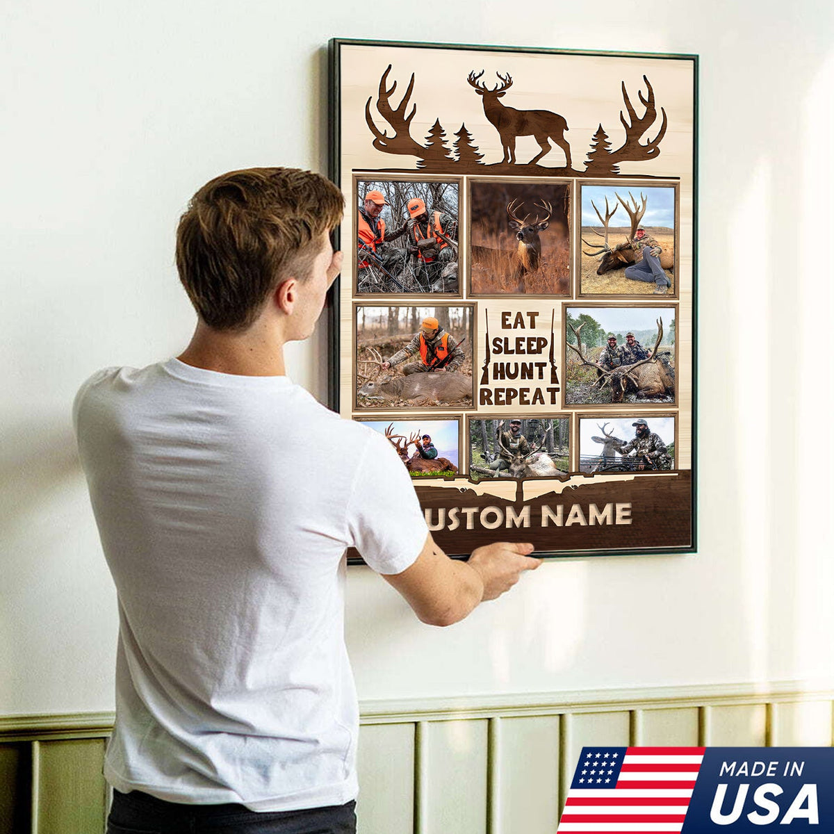 Personalized Hunting Photo Collage Canvas, Deer Antler Wall Art, Custom Hunter Gift