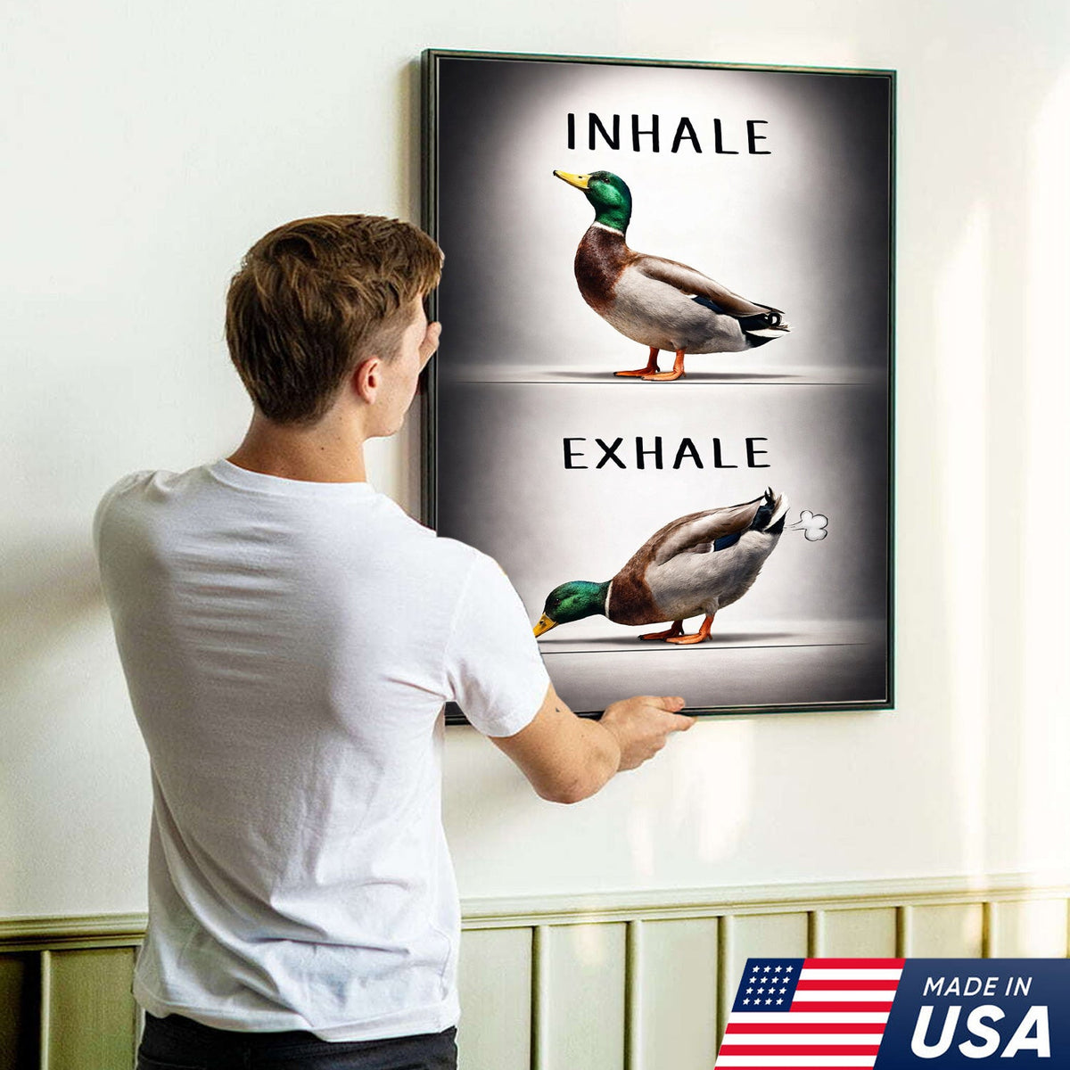 Inhale Exhale Duck Canvas Print – Funny Bathroom Wall Art – Duck Meme Decor