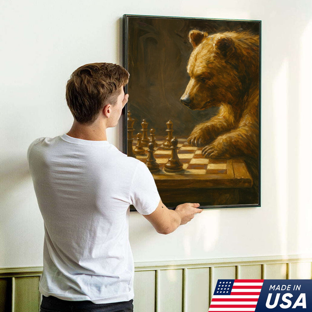 Rustic Bear Playing Chess Canvas Wall Art for Hunting Cabin or Lodge Decor, Wildlife Gift Idea