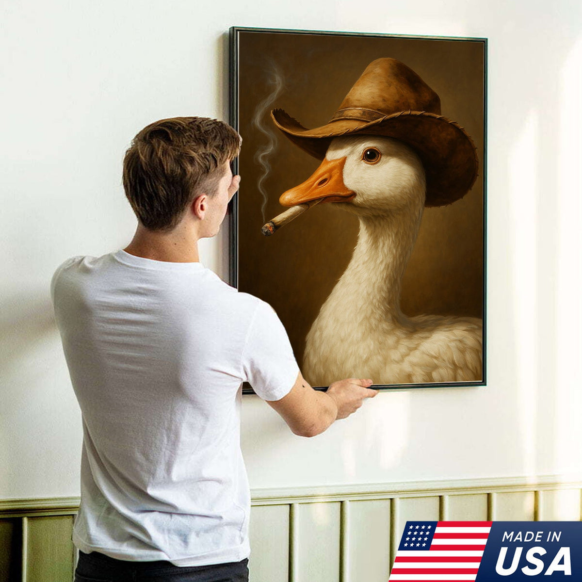 Cowboy Duck Canvas Wall Art – Funny Rustic Decor for Hunters & Man Cave