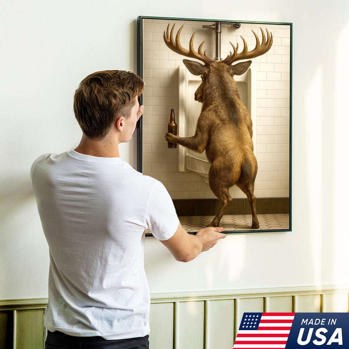 Funny Elk Canvas Wall Art - Rustic Bathroom Lodge Decor for Hunters - Unique Wildlife Cabin Print