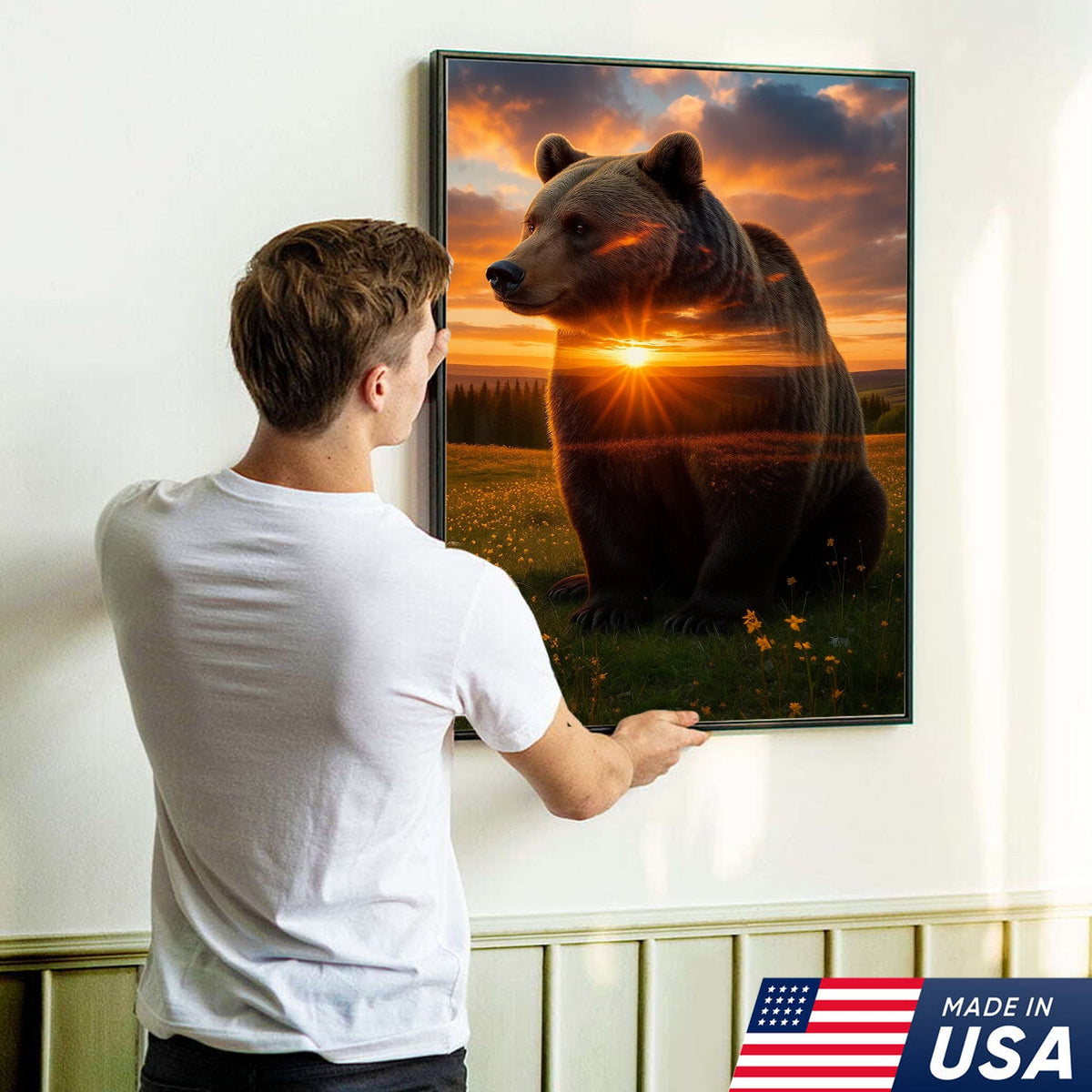 Sunset Bear Canvas Wall Art, Majestic Brown Bear Nature Landscape Print