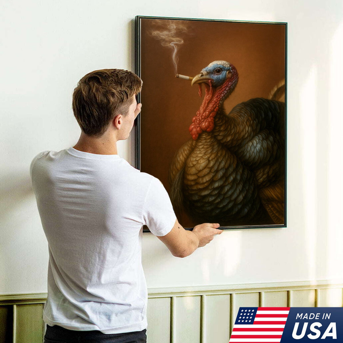 Funny Turkey Smoking Canvas Wall Art – Rustic Farmhouse Gift for Hunters & Wildlife Lovers