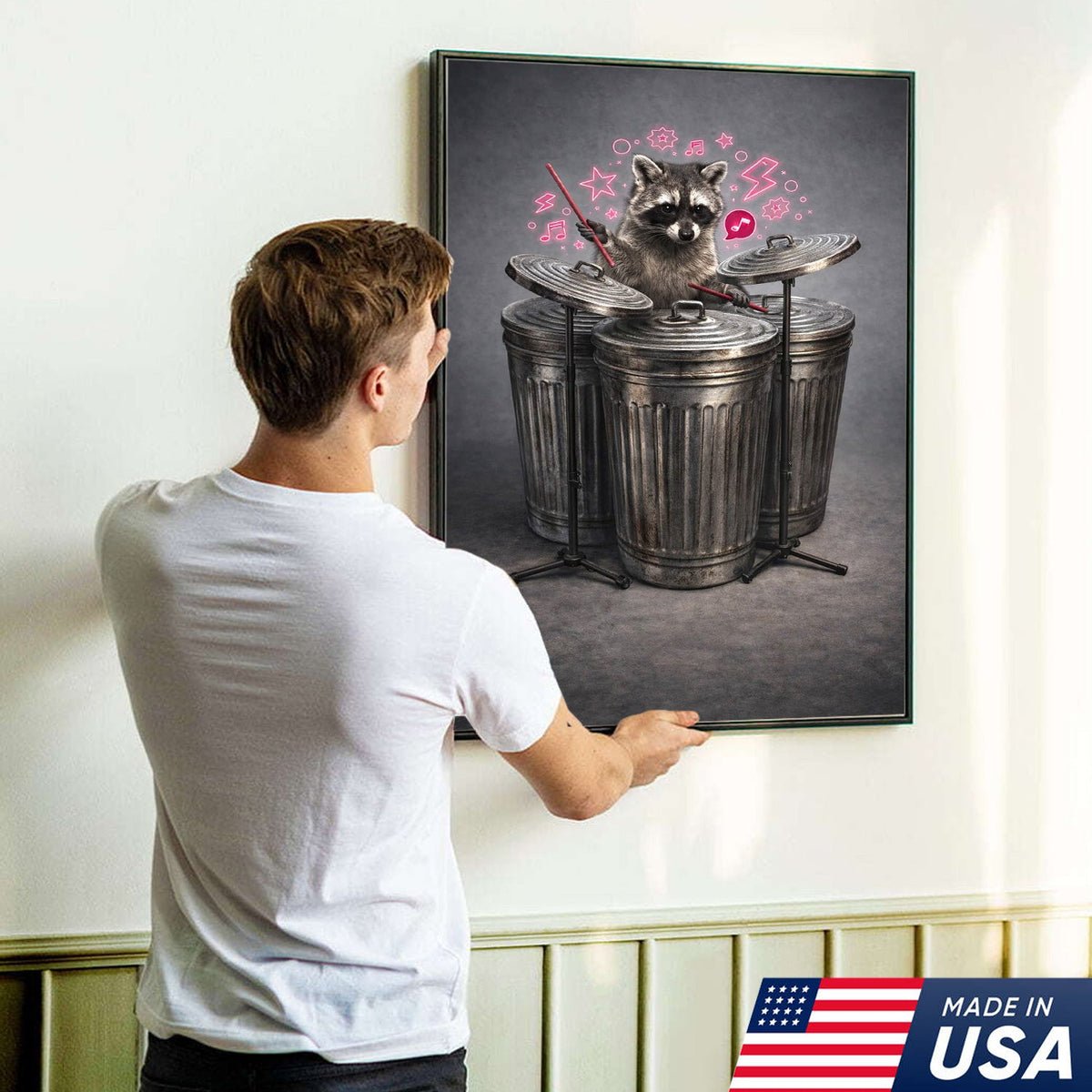 Funny Drummer Raccoon Wall Art Canvas Print, Music Lover Animal Illustration