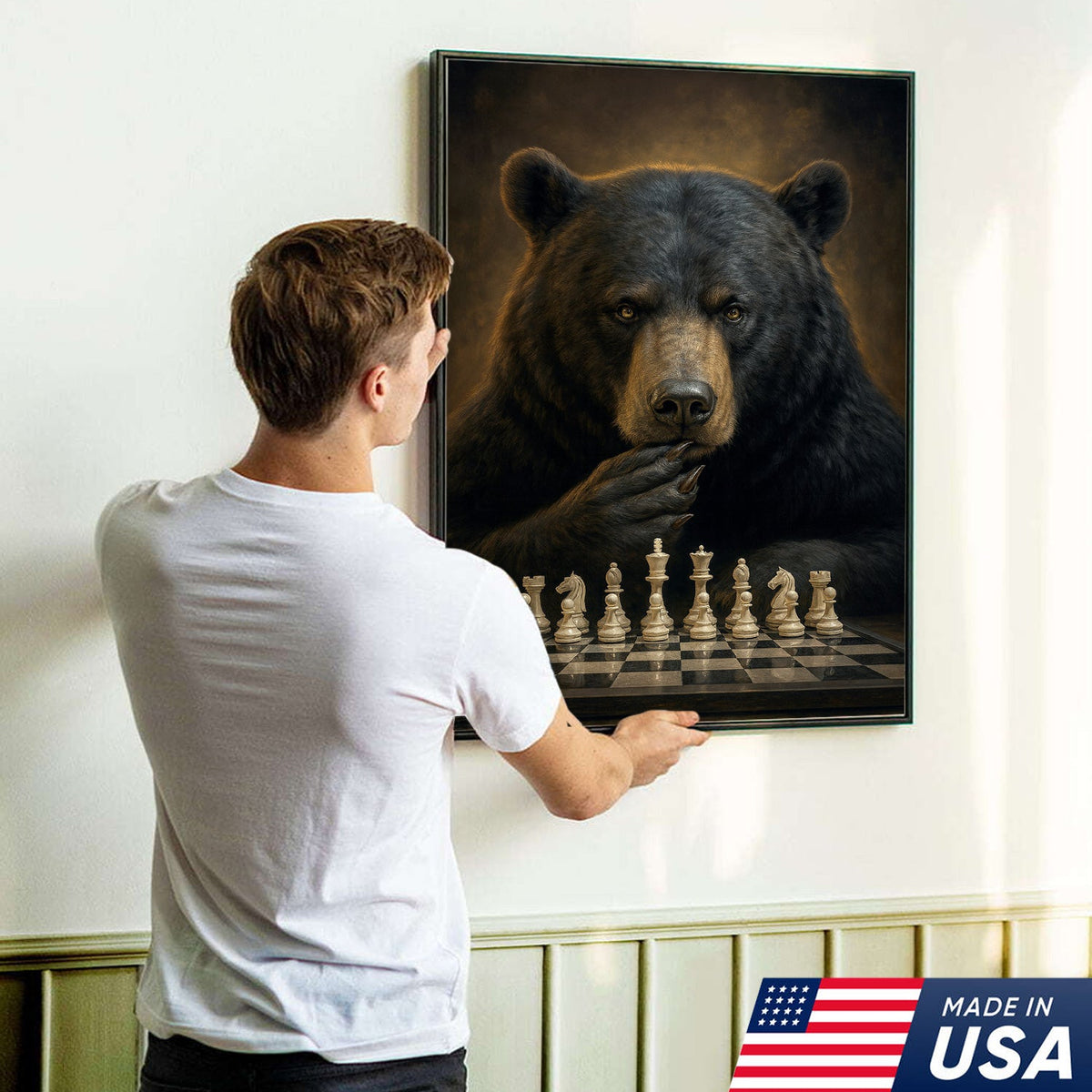 Chess Master Bear Wall Art Canvas – Strategic Bear Canvas Print for Man Cave & Smart Decor