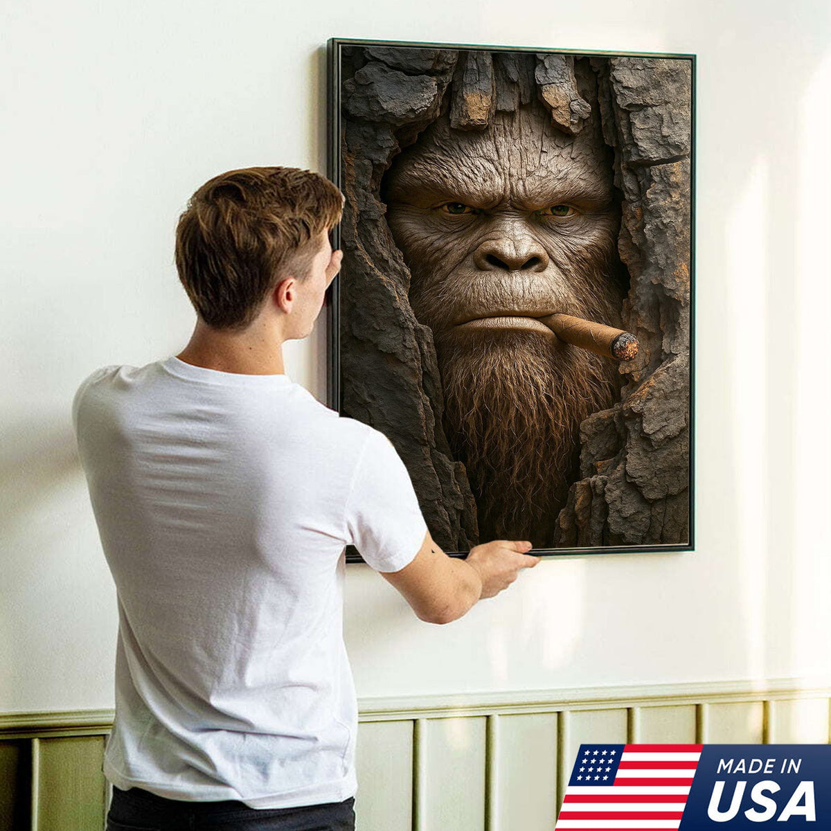 Bigfoot in the Woods Canvas Wall Art, Funny Sasquatch Portrait Artwork, Rustic Cabin Decor for Men