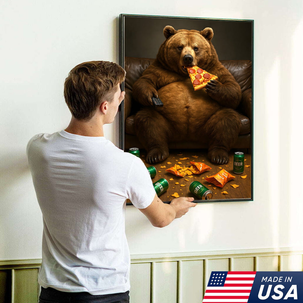 Funny Bear Eating Pizza Canvas Wall Art – Lazy Beer Lover Animal Canvas, Man Cave