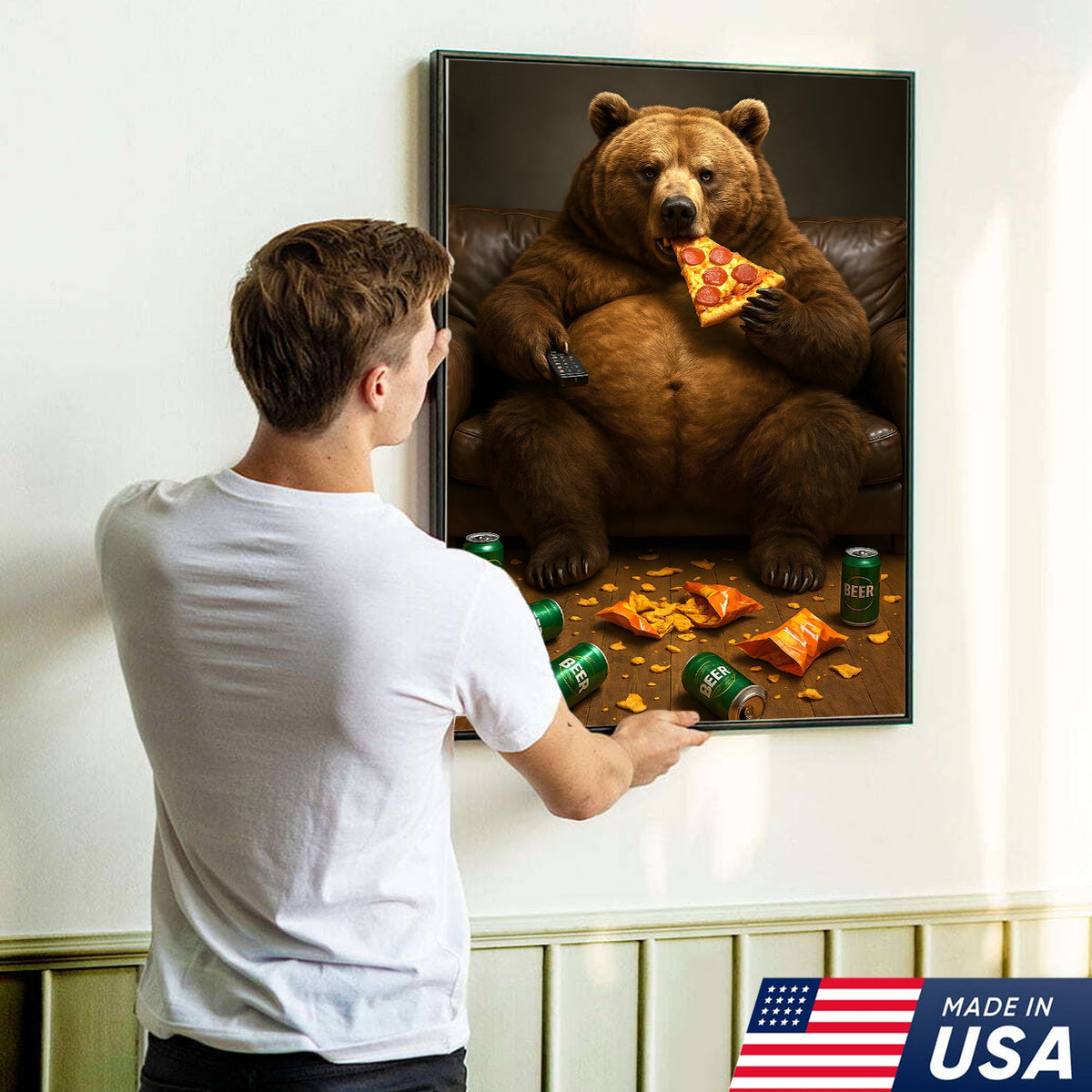 Funny Bear Eating Pizza Canvas Wall Art – Lazy Beer Lover Animal Canvas, Man Cave