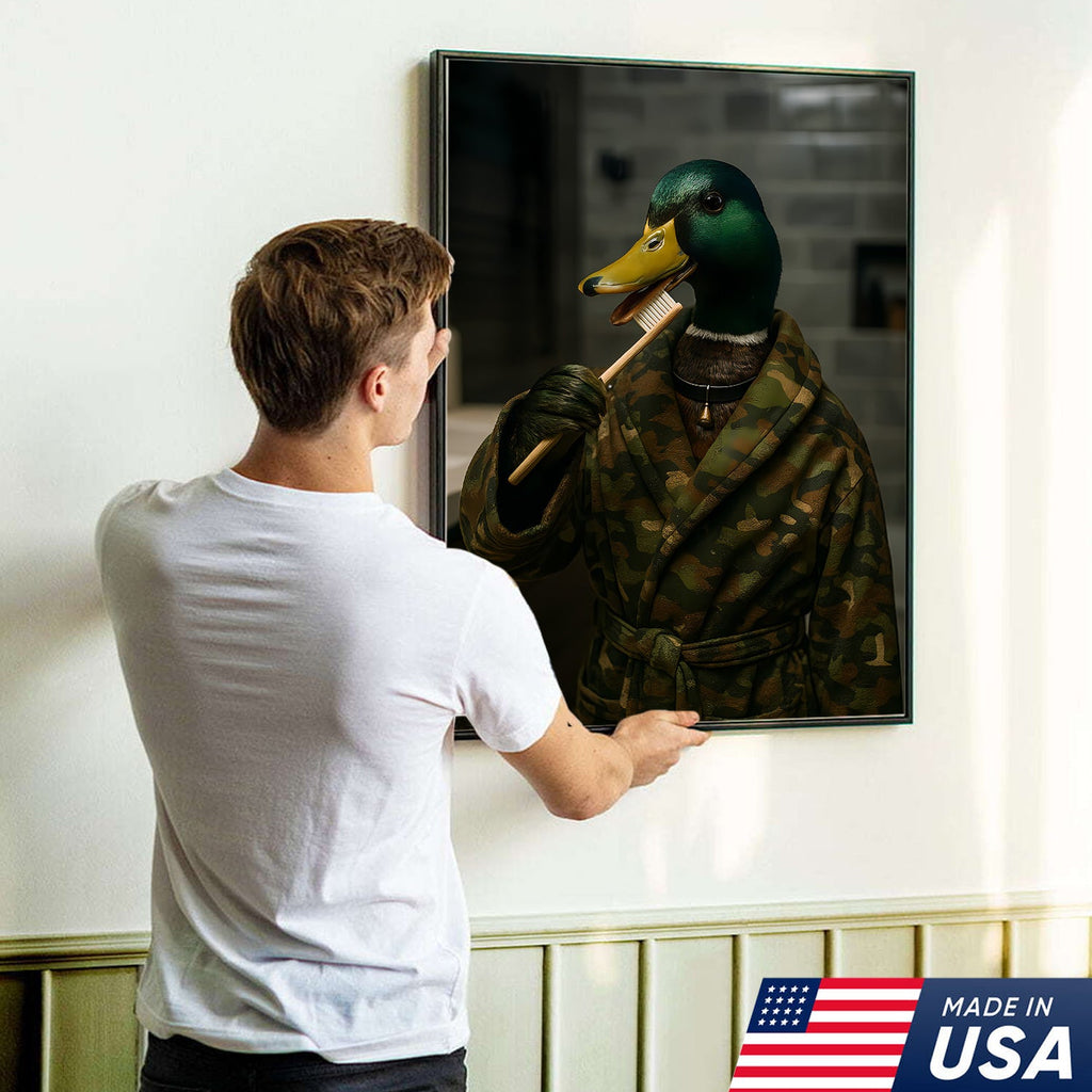 Funny Duck Brushing Teeth Canvas – Bathroom Wall Art for Men, Morning Routine Humor Decor