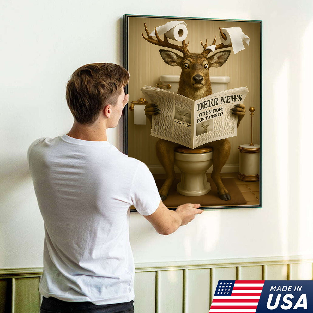 Funny Deer Bathroom Canvas – “Deer News” Toilet Wall Art for Hunters, Cabin, or Man Cave Decor