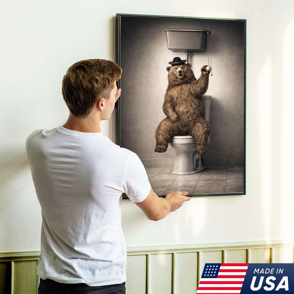 Funny Bear Bathroom Canvas Wall Art – Bear On Toilet Painting