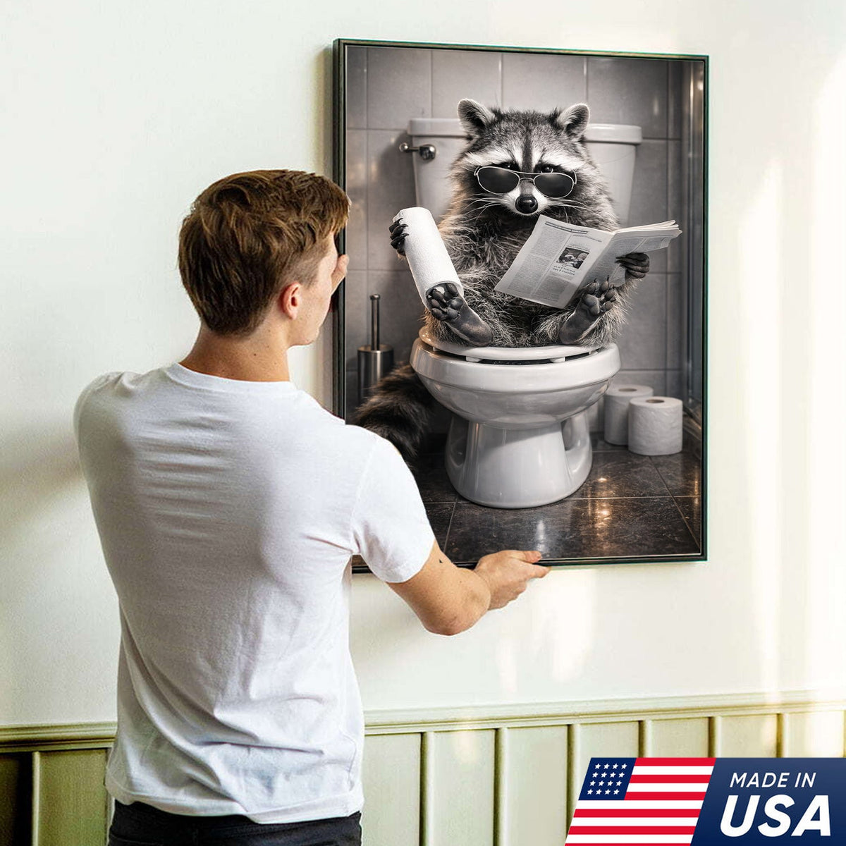 Raccoon Bathroom Humor Canvas – Funny Toilet Reading Wall Art for Restroom Decor