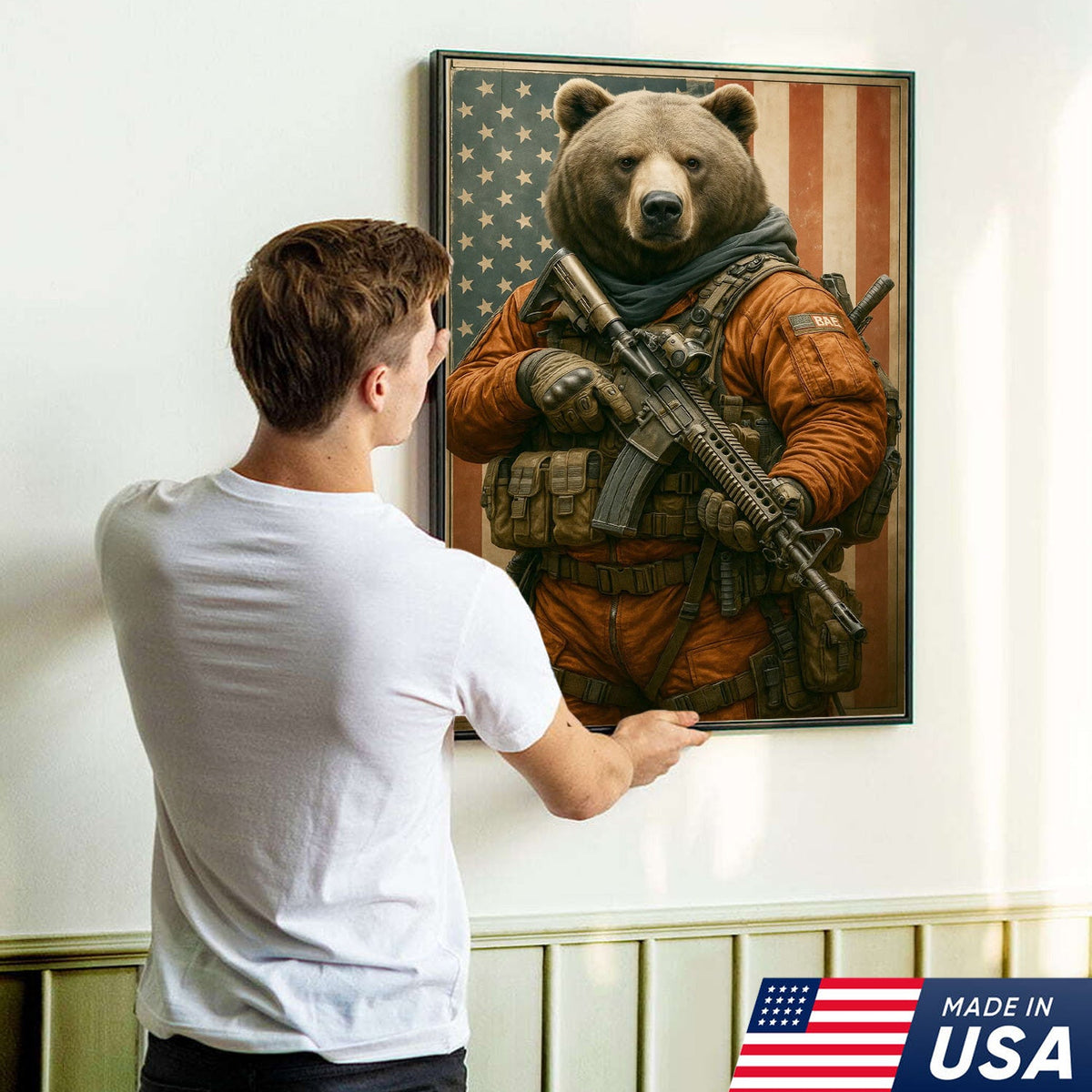 Patriotic Bear Soldier Wall Art Canvas, Tactical Military Animal with American Flag