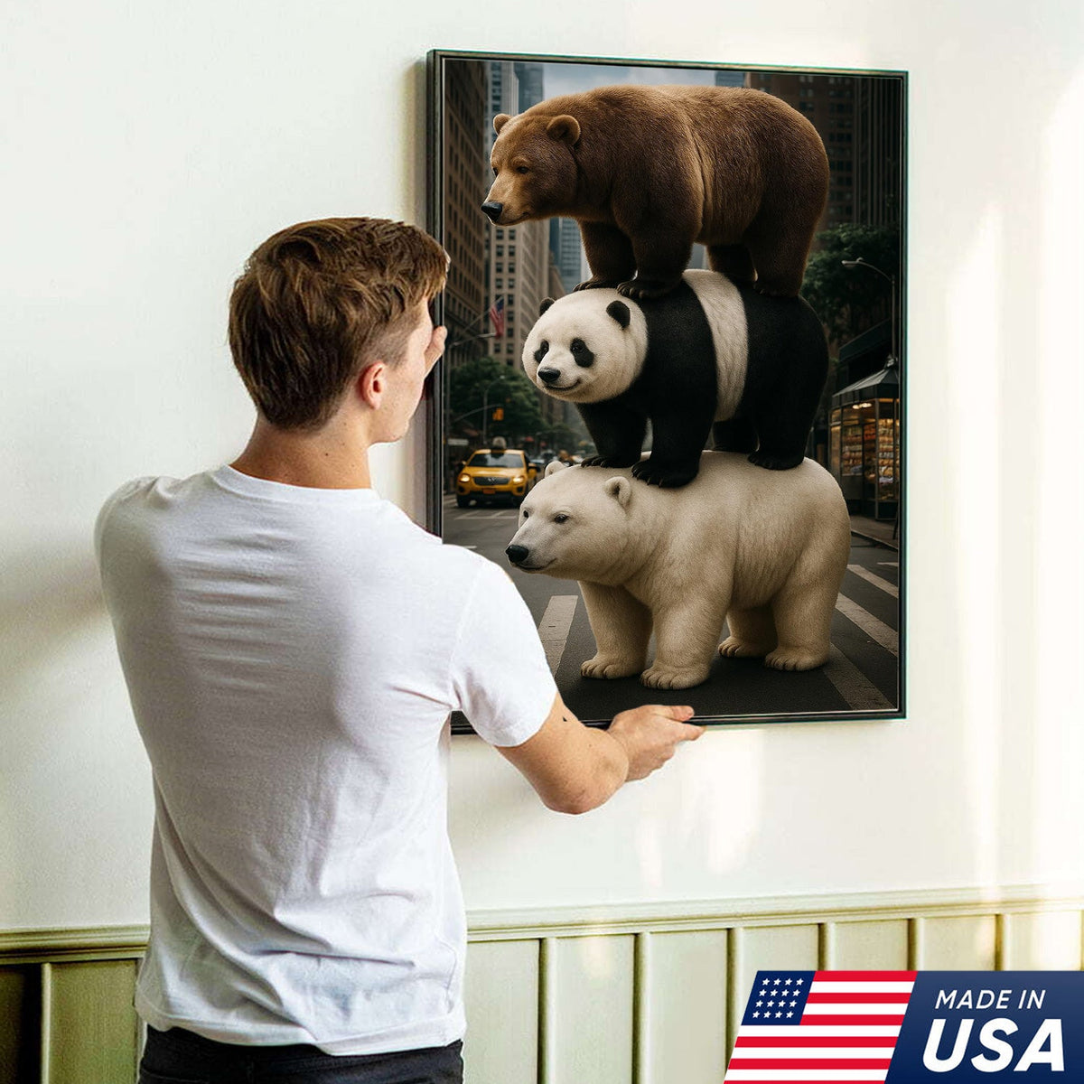 Bear Stack Canvas Wall Art, Cute Polar Panda Brown Bear in City Street Print