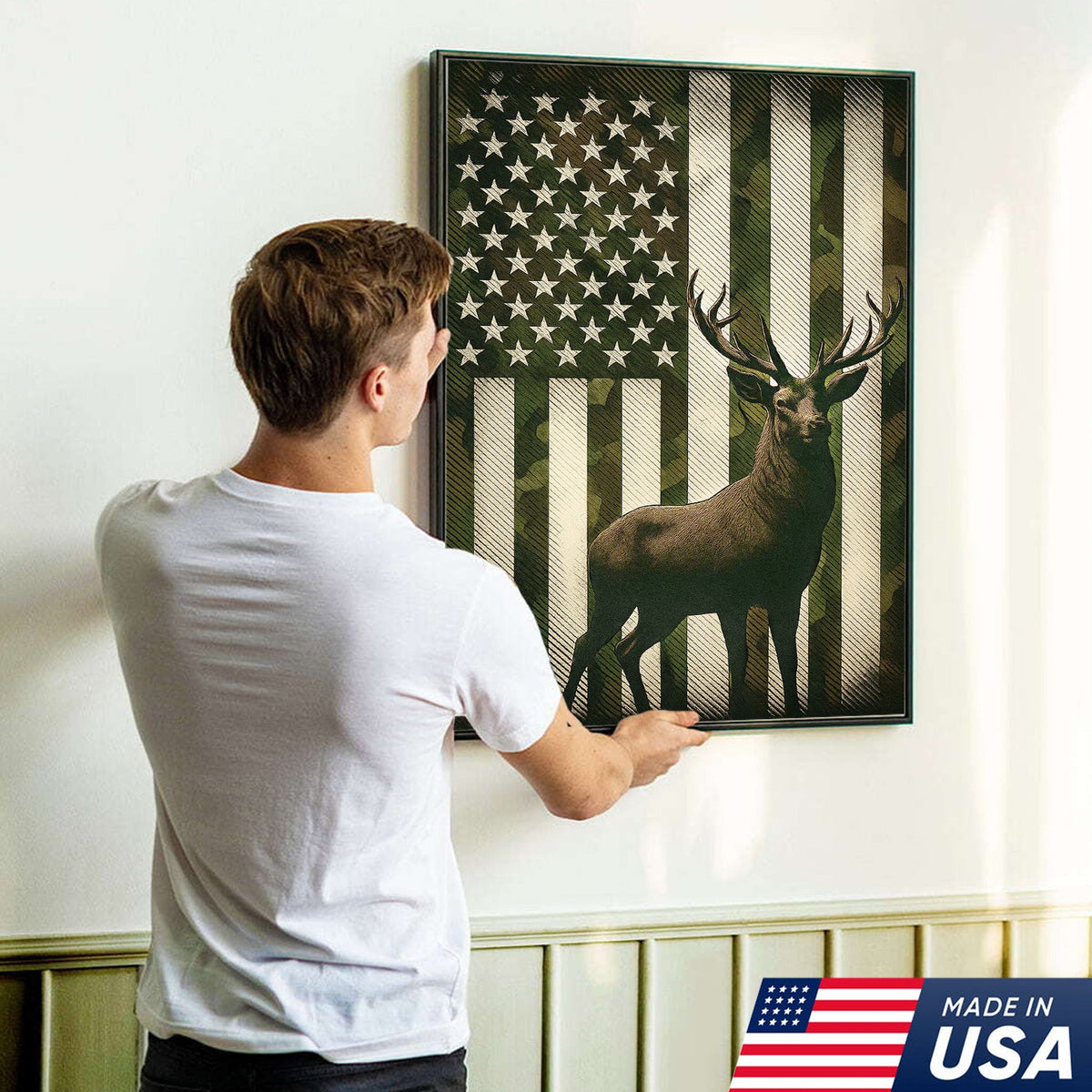 Patriotic Deer American Flag Canvas Wall Art, Camo USA Flag Buck Print