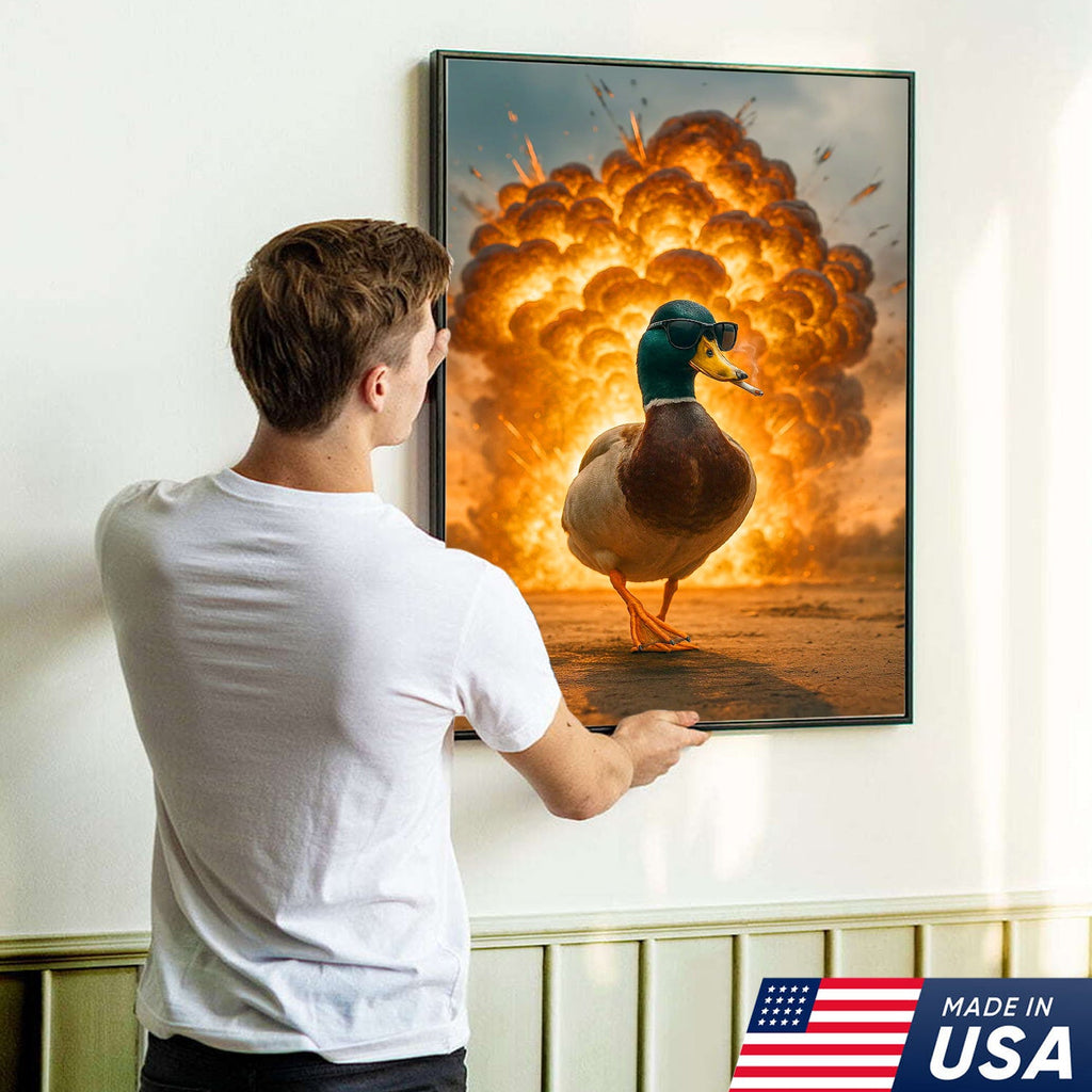 Cool Duck Walking from Explosion Canvas Wall Art, Funny Action Movie Style Decor for Man Cave