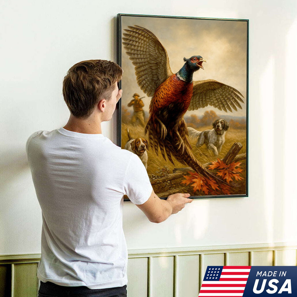 Pheasant Hunting Canvas – Flushing Bird with Pointing Dogs, Cabin & Man Cave Wall Art