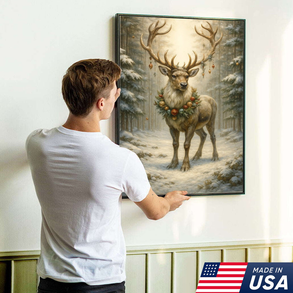 Christmas Reindeer Canvas Wall Art, Majestic Deer with Ornament Wreath in Snowy Forest