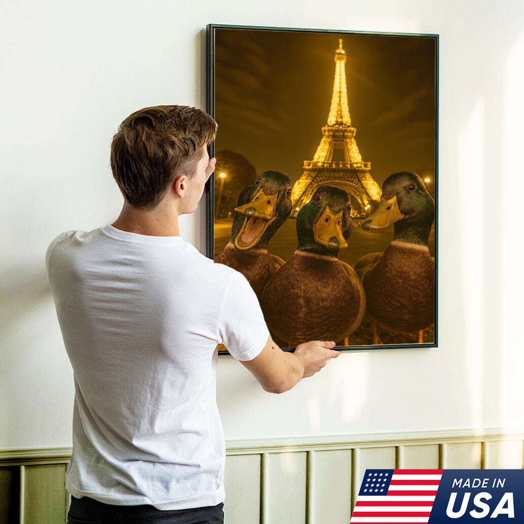 Paris Duck Selfie Canvas – Funny Three Ducks at Eiffel Tower, Hilarious Travel-Themed Wall Art