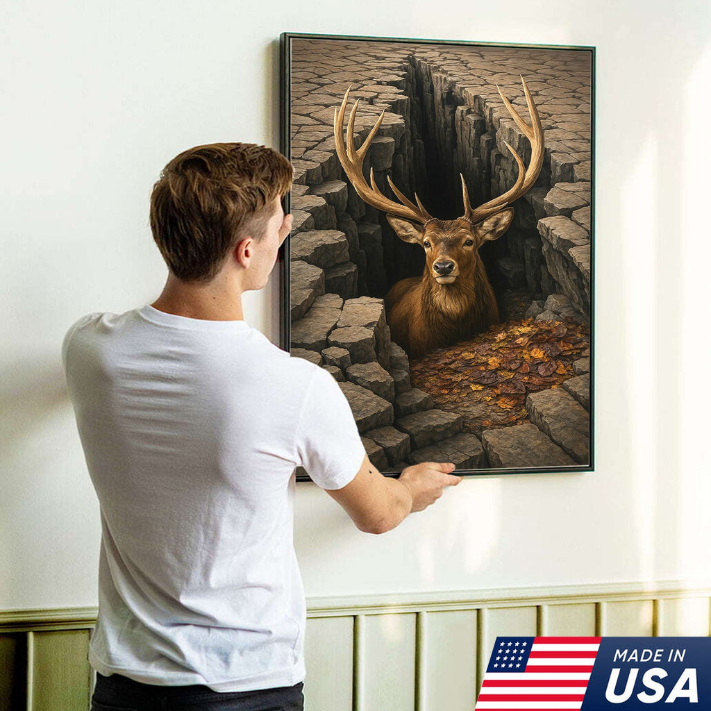 Epic Deer Canvas Art – Majestic Buck Emerging from Cracked Earth