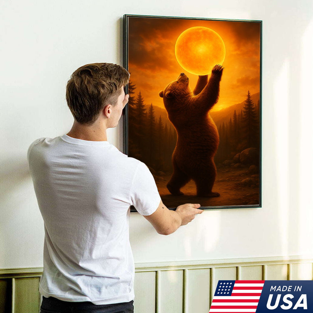Bear Holding the Sun Canvas Art – Sunset Wilderness Wall Decor for Cabin & Home