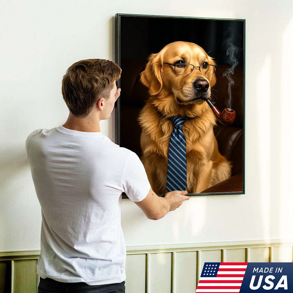Gentleman Dog Canvas Art – Golden Retriever in Glasses & Tie with Pipe