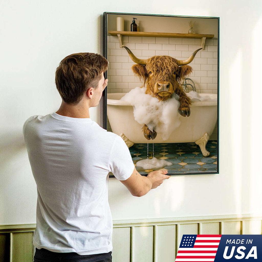 Highland Cow Bubble Bath Canvas Wall Art, Funny Farmhouse Bathroom Decor