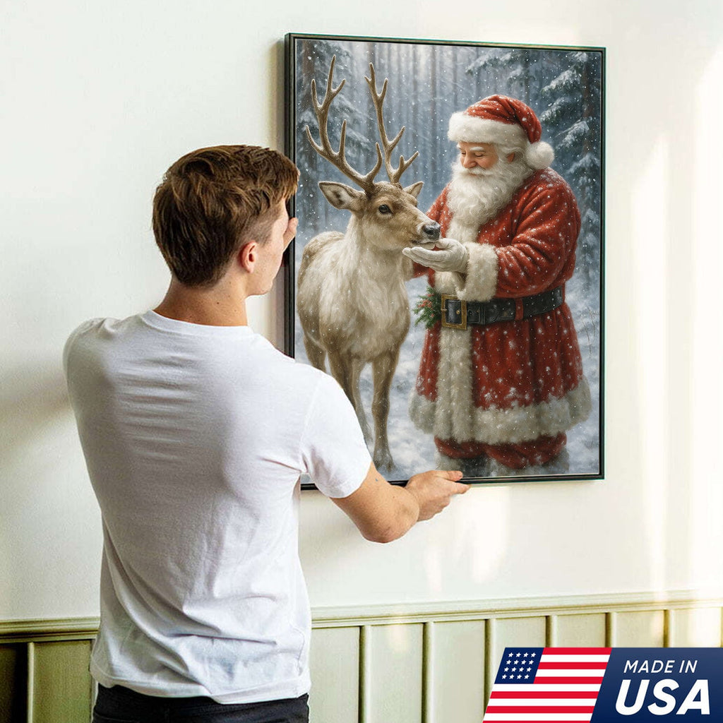 Santa and Reindeer Christmas Canvas Wall Art, Rustic Snowy Forest Holiday Print