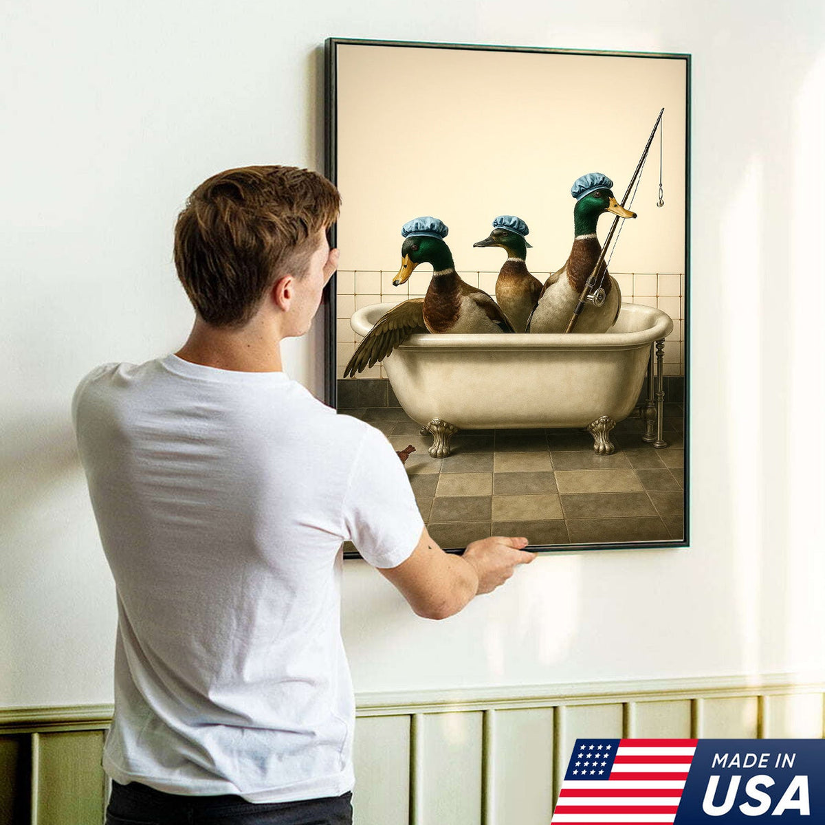 Fishing Ducks Canvas Art – Funny Trio of Ducks in Bathtub with Rod