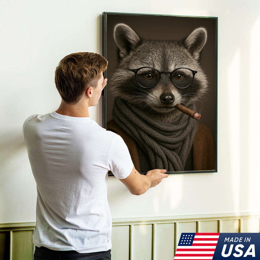 Gentleman Raccoon Cigar Wall Art Canvas – Stylish Animal Portrait for Bar