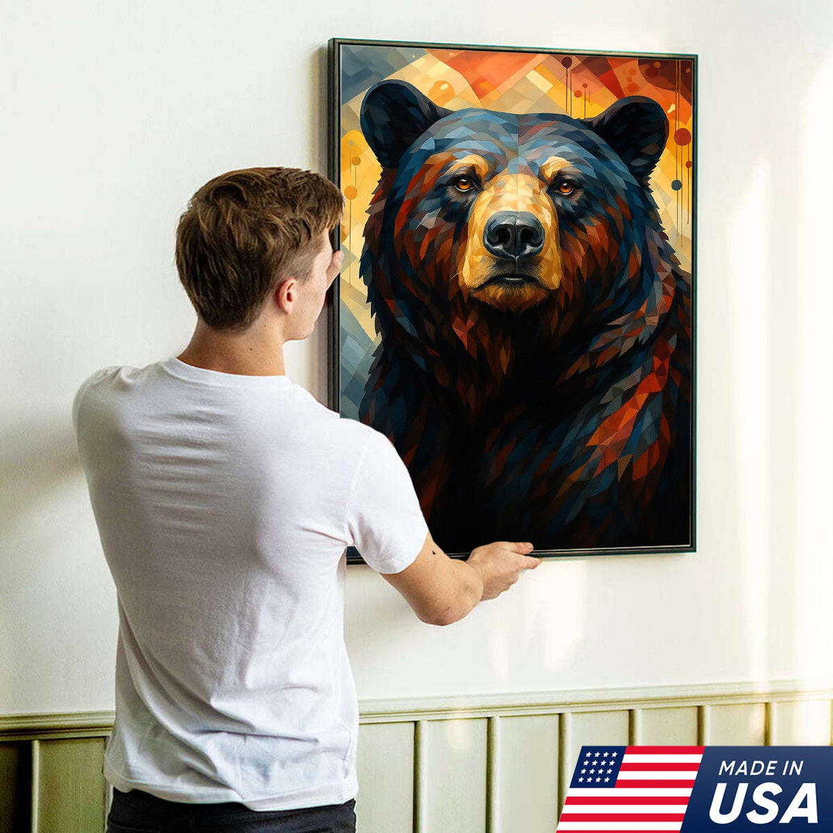Geometric Bear Portrait Canvas – Modern Rustic Wall Art for Cabin & Man Cave Decor