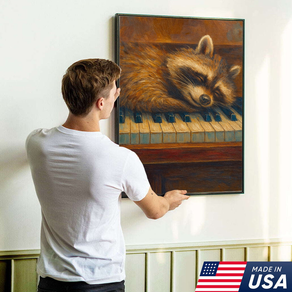 Sleeping Raccoon Wall Art Canvas - Cozy Animal Wall Decor, Cute Raccoon Painting