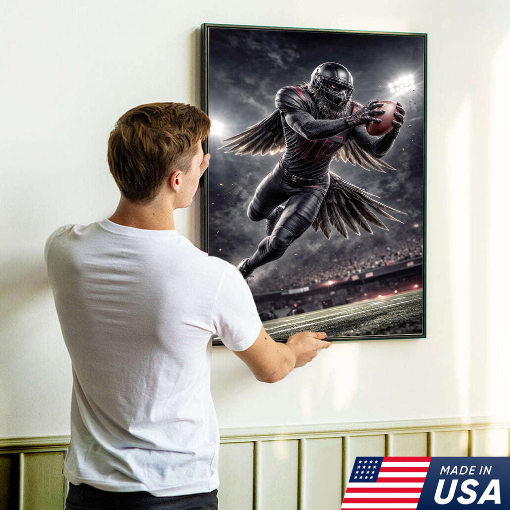 Dark Raven Football Canvas Wall Art – Black Winged Athlete Stadium Action Print