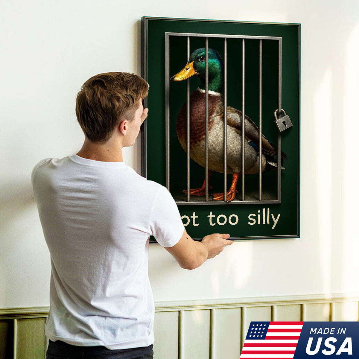 Silly Duck Canvas Wall Art – Funny Mallard Jail Print – Unique Rustic Cabin or Bathroom Decor