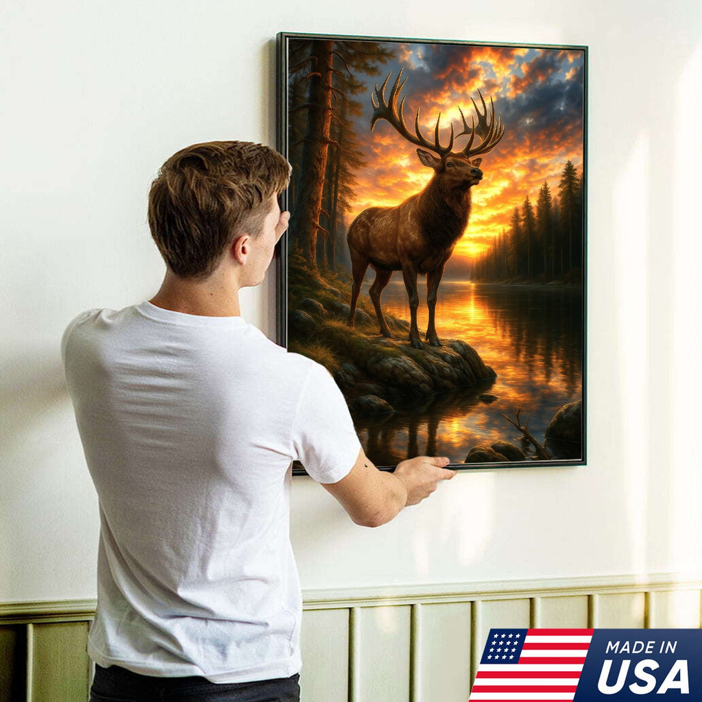 Majestic Elk at Sunset By The Lake Canvas– Wildlife Wall Art for Cabin, Lodge & Nature Lovers