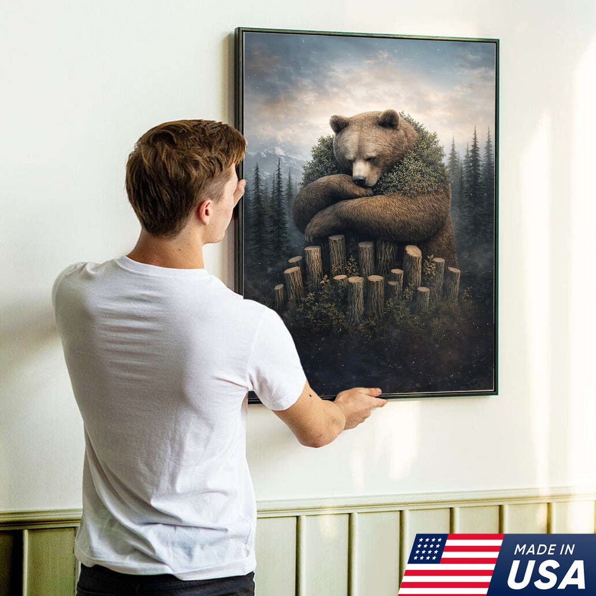 Gentle Bear Forest Canvas Wall Art, Whimsical Nature Bear Illustration