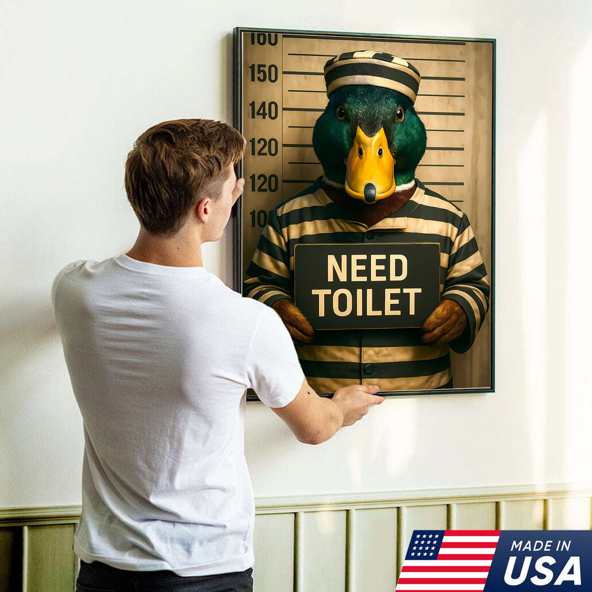Funny Duck Mugshot Canvas – Bathroom Wall Art for Men, Toilet Humor Decor, Gag Gift Idea