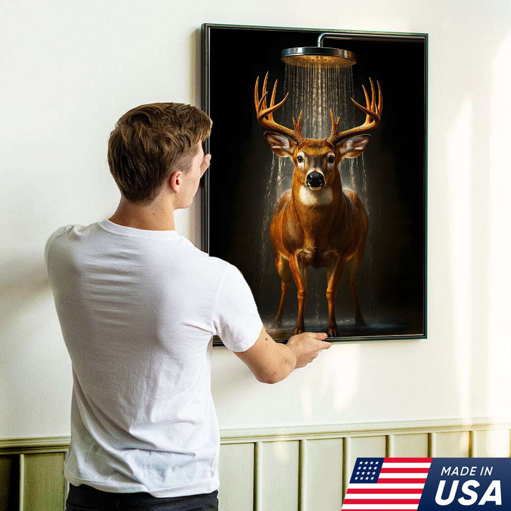 Funny Deer Shower Canvas Wall Art, Whimsical Buck Bathroom Decor