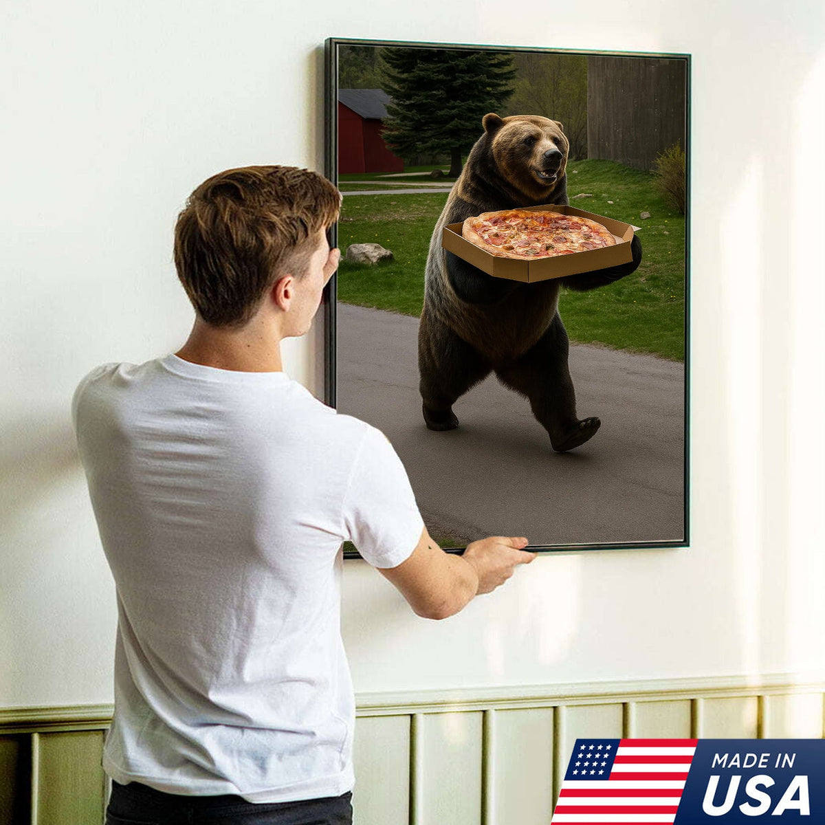 Funny Bear Pizza Canvas Wall Art, Humorous Kitchen Foodie Decor Print