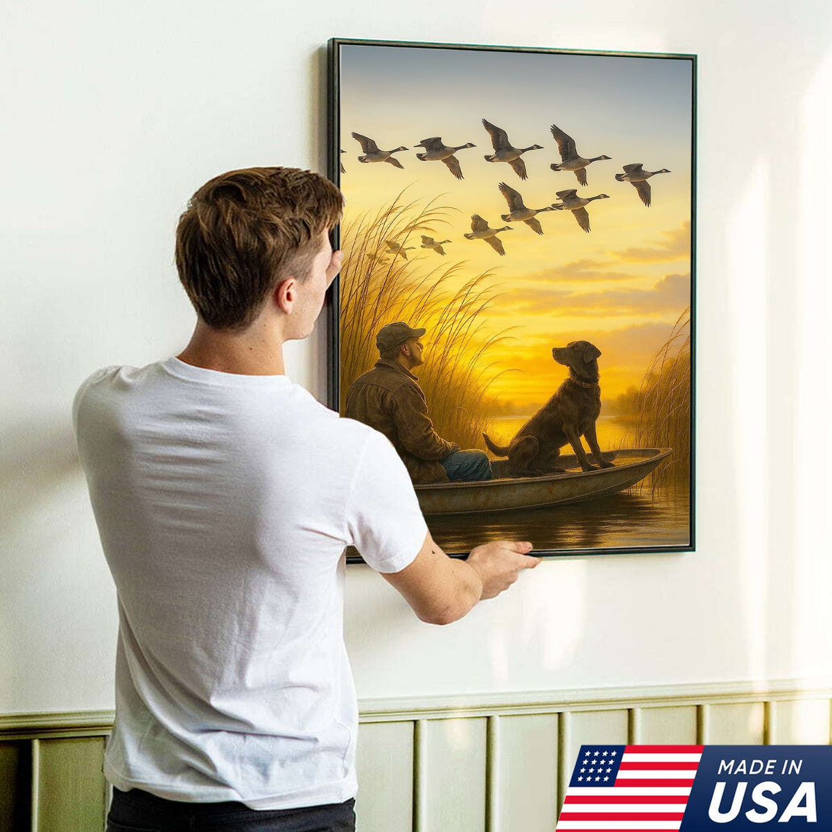 Waterfowl Hunting Wall Art – Duck Flock at Dawn, Hunter & Retriever In Boat, Rustic Decor