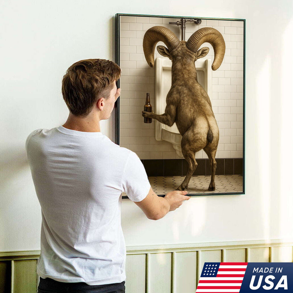 Humorous Big Horn Sheep Canvas Wall Art - Rustic Lodge Bathroom Decor for Cabin and Farmhouse