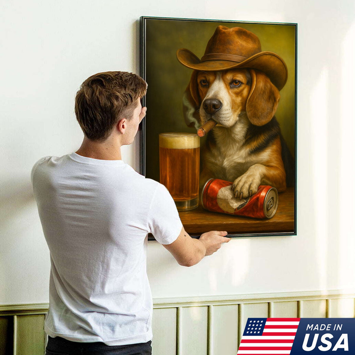 Funny Cowboy Dog Canvas Wall Art - Rustic Bar Wall Art Gift for Hunters, Outdoorsmen & Man Caves